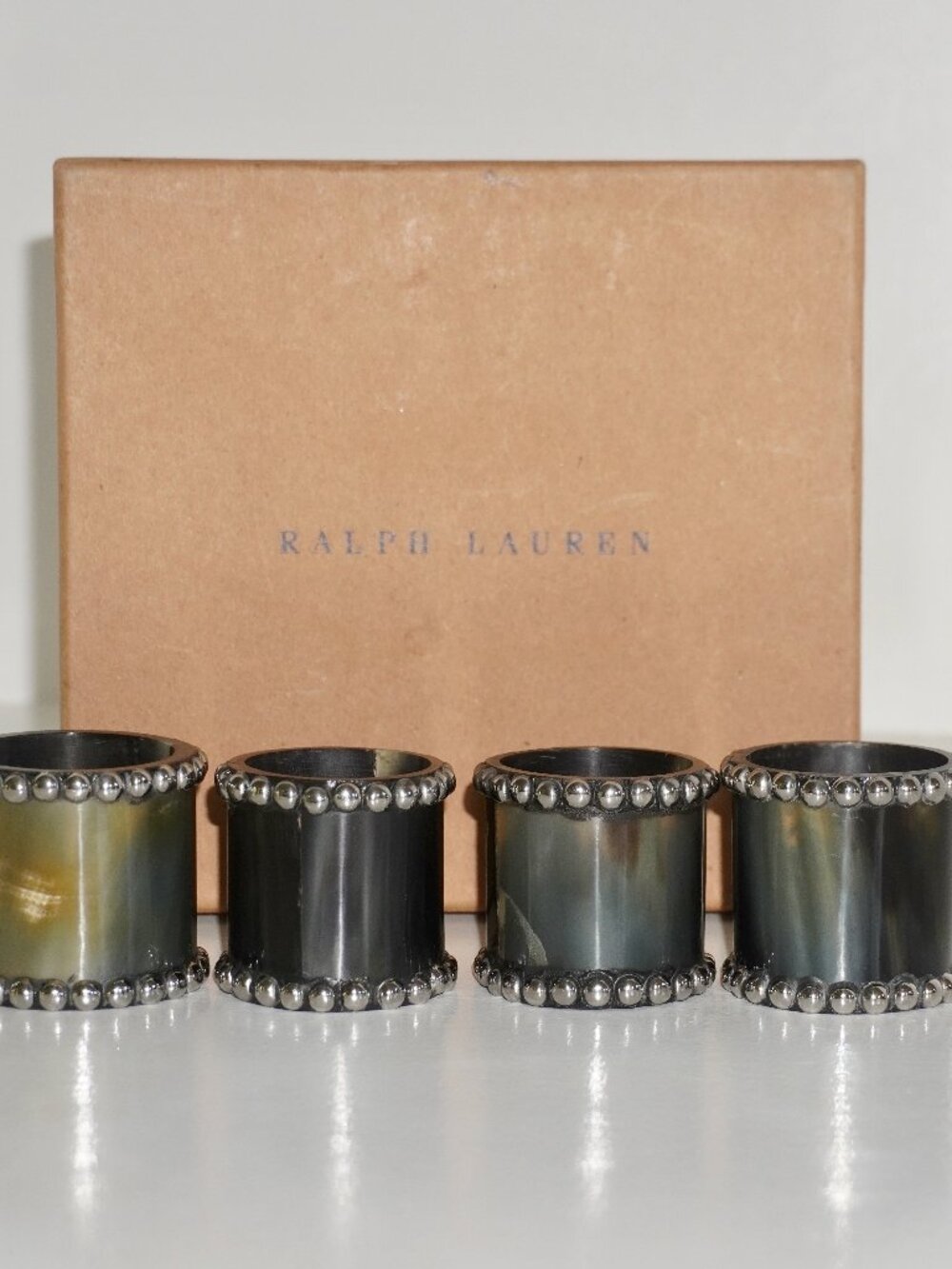 Vintage Ralph Lauren Home Napkin Ring Set, Natural Horn with Silver Bead Trim